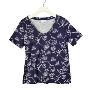 Sundance Navy Blue White Floral VNeck Short Sleeve Cotton TShirt Womens Medium